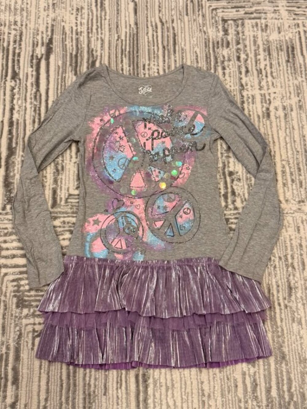 Justice girls size 10 gray "Make Peace Happen" sparkle tiered dress
